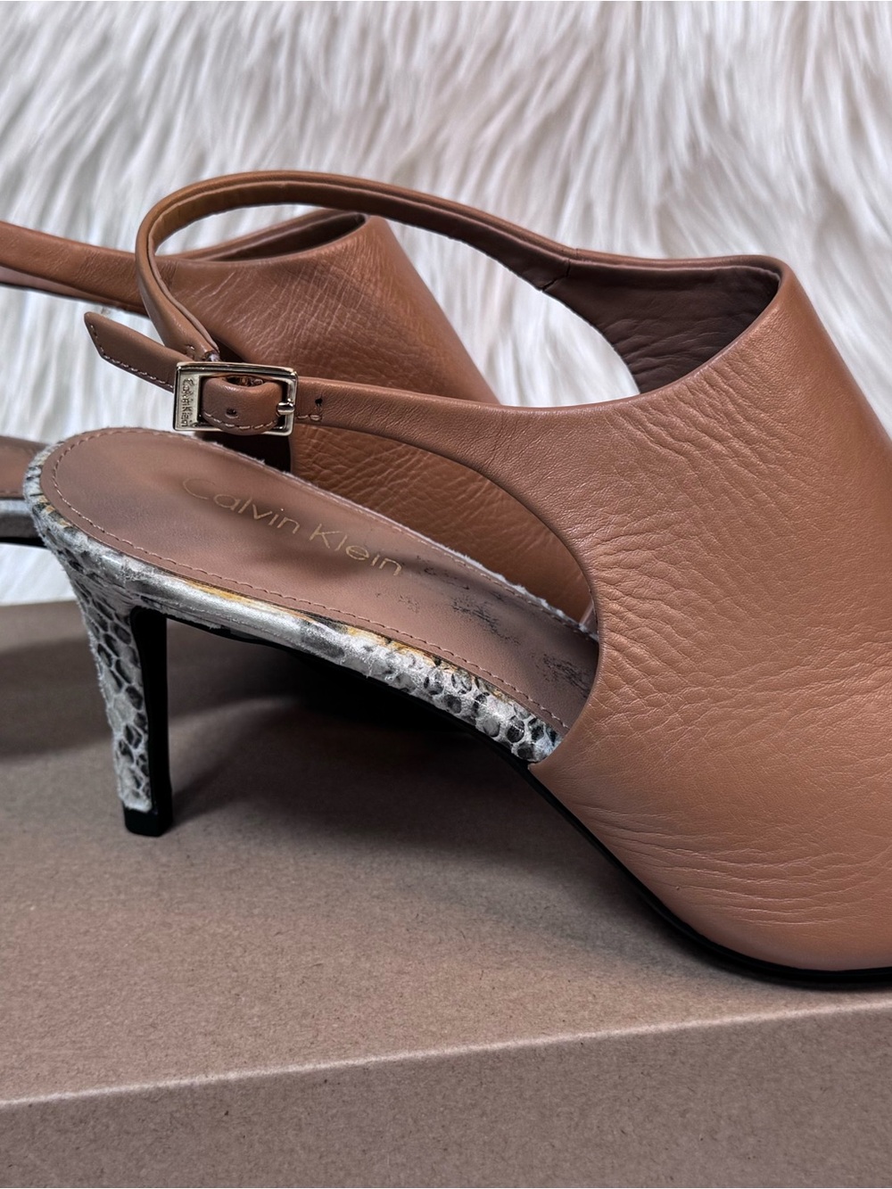 Rare Find! Calvin Klein Tan Leather Open-Toe Slingback Mules w/ Snakeskin Accent
